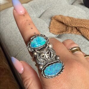 Silver and Blue Opal Statement Ring Bull skull 925, size 7.5